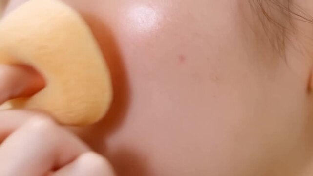 Soft sponge glides over smooth skin. Gentle pressure applies cream to cheek area. Close-up captures care and soothing touch. Ideal for beauty, skincare, or makeup tutorials