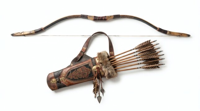 Traditional recurve bow and ornate leather quiver with feathered arrows, showcasing historical craftsmanship and the art of ancient archery