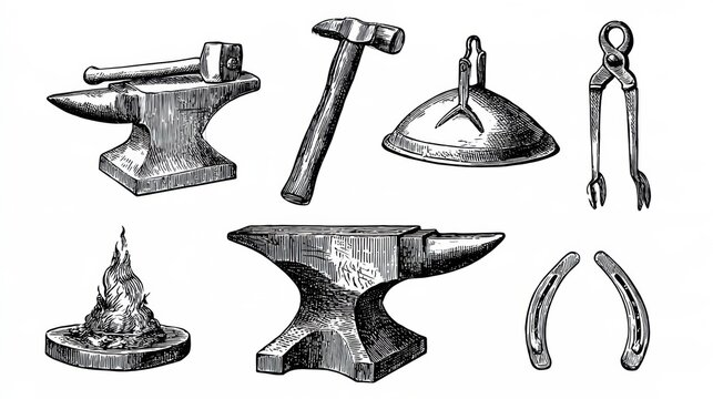 Detailed sketches depict tools of blacksmithing including anvil, hammer, tongs, forge fire, and horseshoe against a white background.