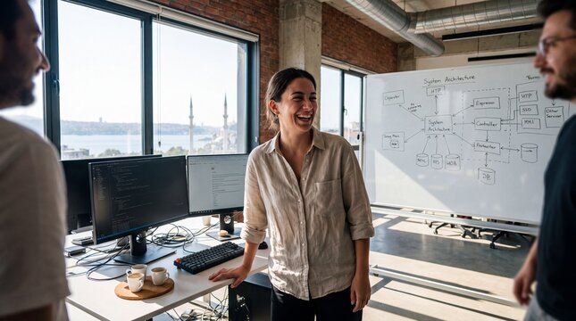 Young software engineer in Istanbul &mdash; an open-plan Levent startup loft with Bosphorus skyline windows