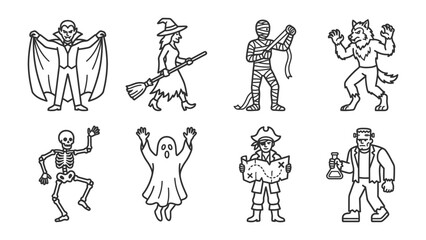 Fototapeta premium Halloween Character Icons: A collection of stylized line art icons representing classic Halloween characters including a vampire, witch, mummy, werewolf, skeleton, ghost, pirate.