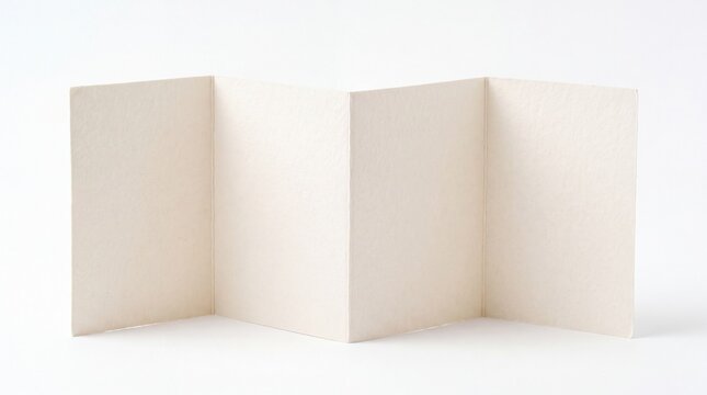 Blank z-fold brochure or pamphlet with blank panels standing on a white surface, ready for custom content and design.