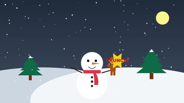 Charming 2D animated Christmas scene with a smiling snowman holding a gingerbread cookie under falling snow at night