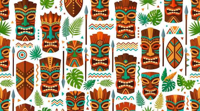 Tiki mask seamless pattern, Polynesian tribal totem background, Hawaiian luau party vector with tropical leaves and spears