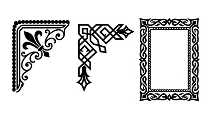 Decorative corner and frame ornaments with intricate celtic knot and fleur-de-lis patterns for artistic framing © Bishal