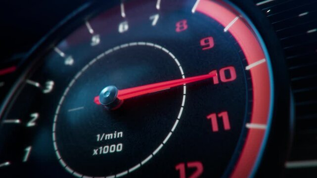 3D Animation: Dynamic Close-up Shot of Analogue Tachometer is Revving Up. Concept: Speed, Acceleration, Performance, Power. Mechanical Gauge Cluster of a Classic Sports Car. 