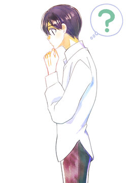 考える男性　はてな