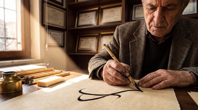 Hattat calligrapher, Istanbul: a calligrapher drawing a single sweeping thuluth stroke