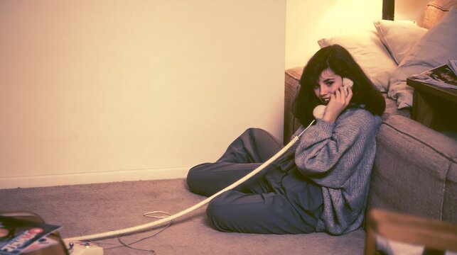 Young woman talking on a corded landline phone while sitting on the floor at home, 1980s style snapshot for retro communication, teenage life and technology nostalgia