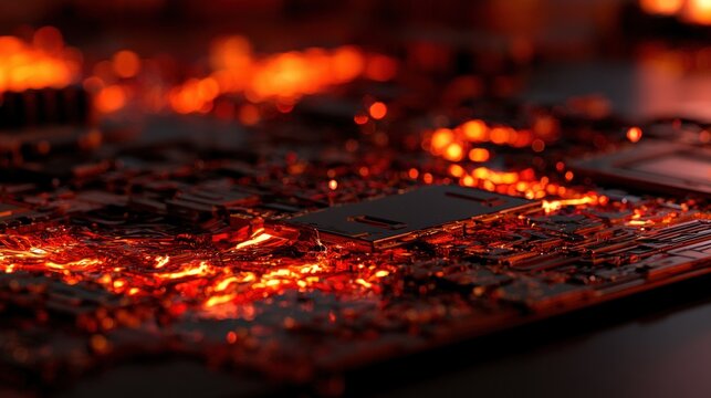 Close up of a red hot glowing computer chip on a circuit board with bokeh lights