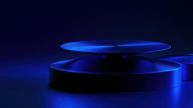 Futuristic metallic podium with blue neon glow