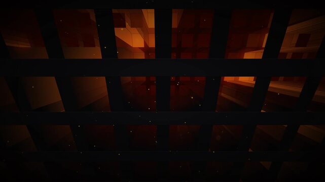 Abstract 3D industrial background featuring thick dark horizontal bars overlapping vertical ones, creating deep square shafts. Deep inside the shafts, a molten red fiery glow pulses and flares up peri