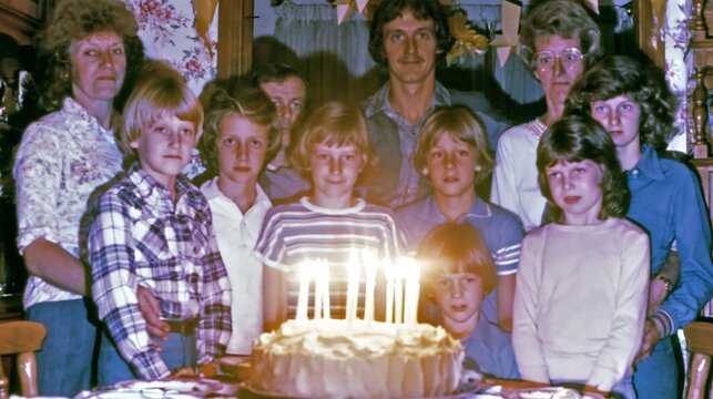 Parents and children gathered around a homemade birthday cake with lit candles, vintage 1980s snapshot for family celebration, childhood memories and retro lifestyle content