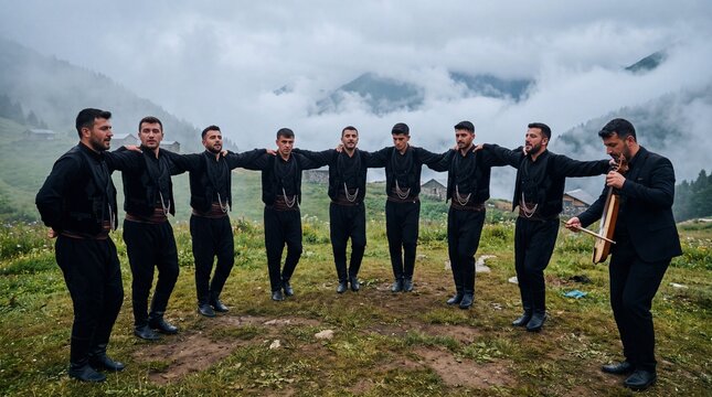 Horon dancers, Trabzon: dancers locked arm in arm, shoulders shivering at impossible