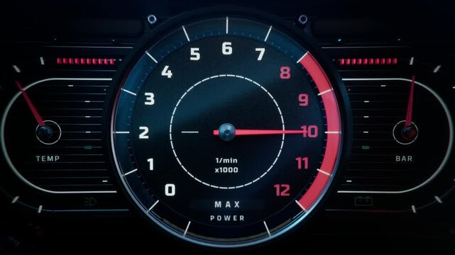 3D Animation: Front View of Mechanical Gauge Cluster of a Classic Race Car. Analogue Tachometer is Revving Up and Showing Acceleration of a Vehicle. Concept: Speed, Acceleration, Performance and Power
