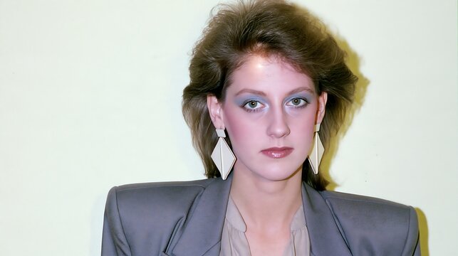 1980s style portrait of a young woman with bold makeup, voluminous hair and geometric earrings, vintage snapshot look for retro fashion, beauty and nostalgia content