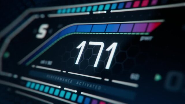3D animation: Close-up Shot of Electronic Gauge Cluster of a Modern Race Car. Concept: Acceleration, Speed, Performance and Power. Digital Speedometer Showing Quick Acceleration of a Vehicle.