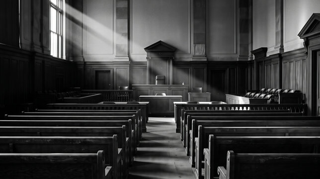 Empty courtroom with light beams through window