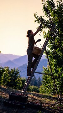 Cherry pickers, Afyonkarahisar: a ladder in a cherry tree, hands dropping glossy red fruit