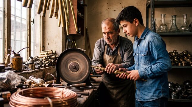Nargile-maker apprentice in Konya &mdash; a cluttered brassworking shop with pipes hanging in rows