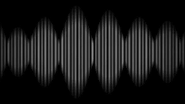 A hypnotic optical art background. Hundreds of thin vertical white lines standing side by side on a black canvas. The lines grow and shrink in height based on a traveling sine wave, creating a ripplin