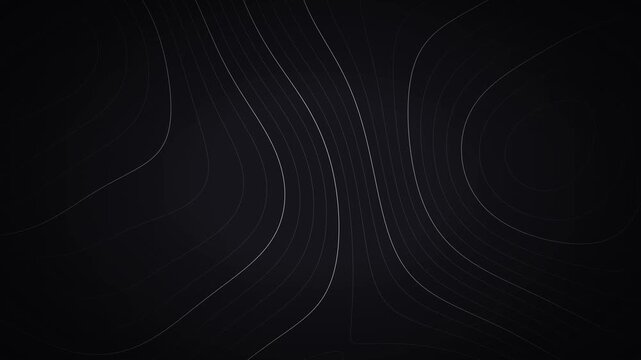 An elegant abstract topographic map background. Smooth, animated contour lines rippling and shifting like slow water waves. Thin silver lines on a deep charcoal dark background. Minimalist, high-tech,