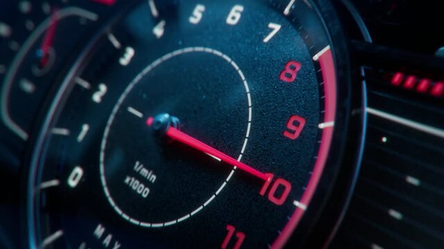 3D Animation: Close-up Shot of Mechanical Gauge Cluster of a Classic Sports Car. Analogue Tachometer is Revving Up and Showing Quick Acceleration of a Vehicle. Concept: Speed, Performance and Power