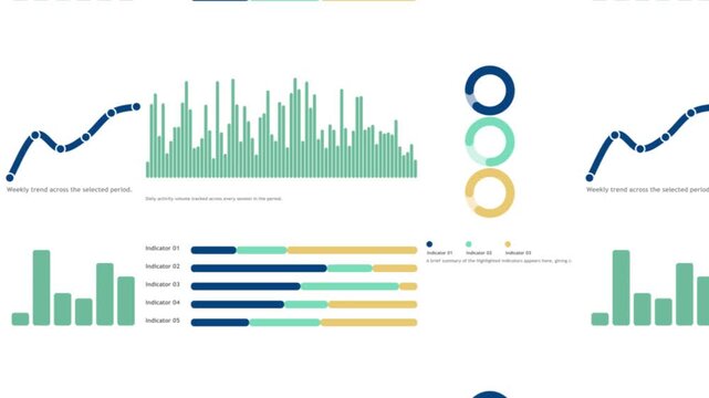 Abstract business data visualization dashboard with weekly trend graphs and progress indicators chart graph analytics information finance chart graph analytics information finance