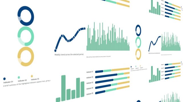 Dynamic business data dashboard featuring circular progress indicators and analytical trend lines charts graphs analytics visualization information charts graphs analytics visualization