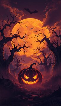 Spooky halloween background with glowing jack o lantern pumpkin in dark forest under full moon vertical poster
