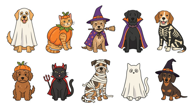 Cute cartoon vector illustration featuring adorable pets wearing funny halloween costumes and spooky outfits