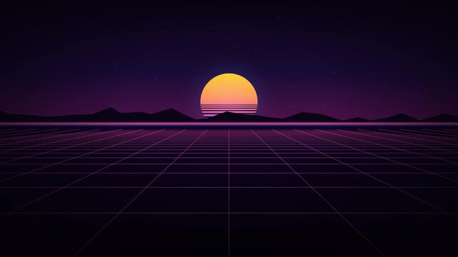 A retro 80s synthwave background featuring a glowing neon magenta wireframe terrain grid moving infinitely forward towards a glowing cyan sun on the horizon under a dark starry sky. Nostalgic, geometr