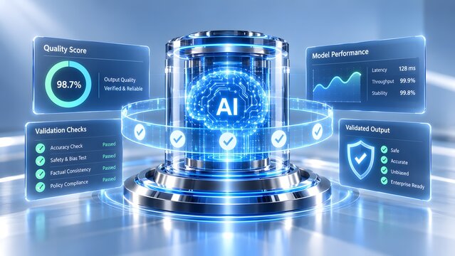Artificial intelligence validation dashboard showing quality score safety bias testing and enterprise compliance on a glowing digital interface