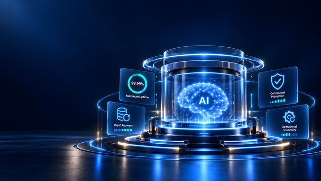 Futuristic AI server displaying maximum uptime rapid recovery and operational continuity metrics inside a glowing digital protection dashboard