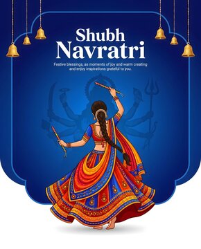 Shubh navratri festival poster with traditional clothing golden Indian festival