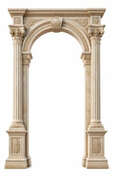 Ornate classical stone arch with columns isolated on white