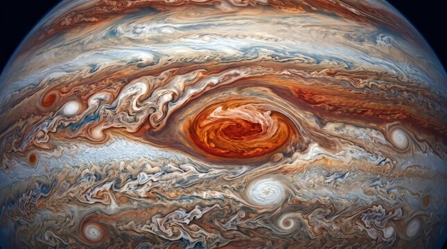 Jupiter planet atmosphere. Swirling storm clouds. Great Red Spot oval vortex. Detailed gas giant globe. Colorful banded weather patterns. Deep space astronomy photograph. Solar system exploration