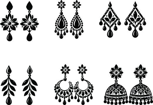 Six elegant traditional silhouette dangle earrings showcasing intricate patterns perfect for adornment and cultural style