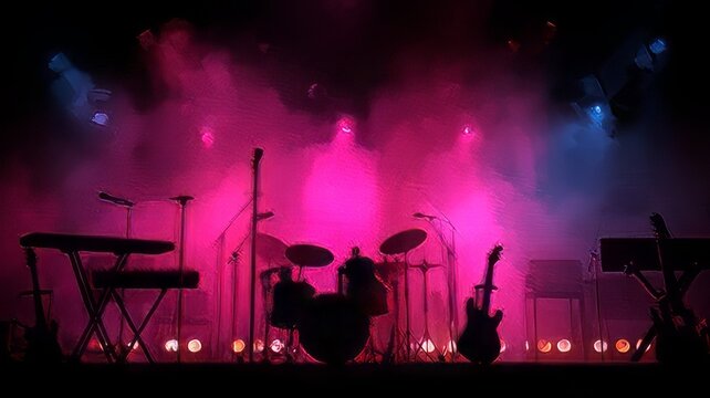 Concert stage set up with musical instruments, including keyboards, a drum kit, and a guitar, illuminated by vibrant pink and blue stage lights and smoke