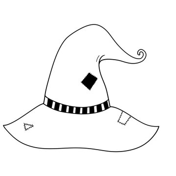a witch's hat featuring a striped band, a curled tip, and decorative patches