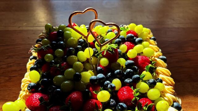 Fruit basket cake topped with grapes and berries sits on a sunlit wooden table.