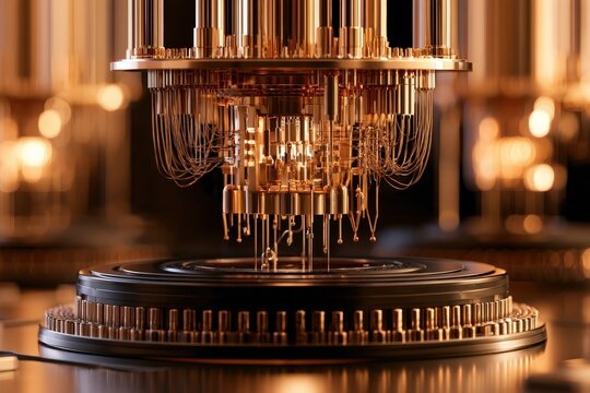 Conceptual golden quantum computer with fine hanging wires and layered hardware suspended above a circular base in warm laboratory light