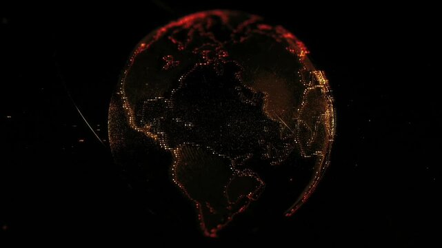 Planet Earth is formed from thousands of shimmering gold and orange digital particles that trace continental outlines and a global data network. 