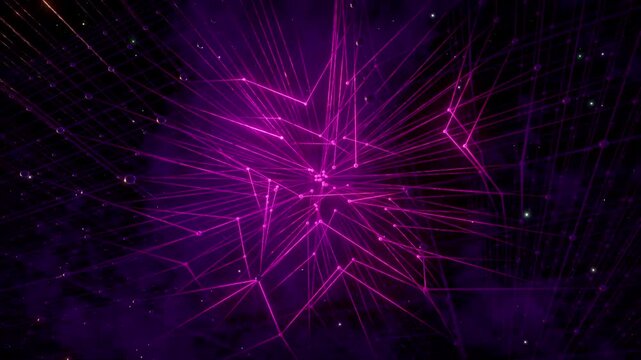 A network and data points (nodes) interconnected by glowing pink and purple neon lines against a dark space background.