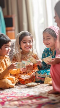 Joyful eid celebration with children happily receiving green packets and sharing blessings