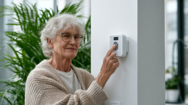 elderly patient securely accessing a smart home medication dispenser using fingerprint authentication, modern home healthcare environment