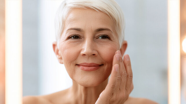 Elegant mature woman applying a luxury anti-aging serum in front of a bright bathroom mirror