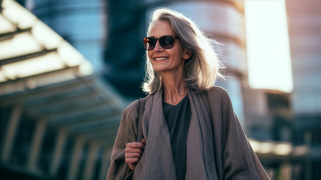 Elegant woman in her fifties confidently walking through a modern city