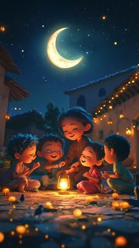 Joyful muslim children gather for storytelling under a glowing crescent moon during ramadan