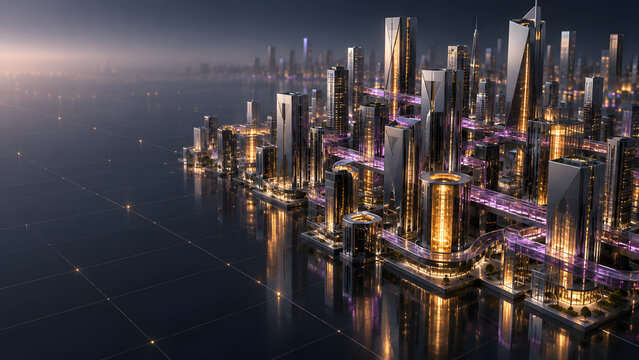 Futuristic chrome smart city with connected elevated paths